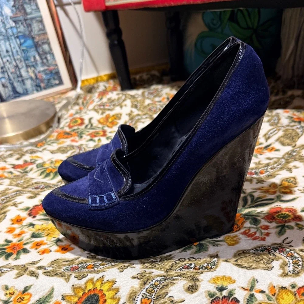 Alice + Olivia Navy Suede Loafer Wedge Platform Heels Pointed Toe 39.5 Brazil